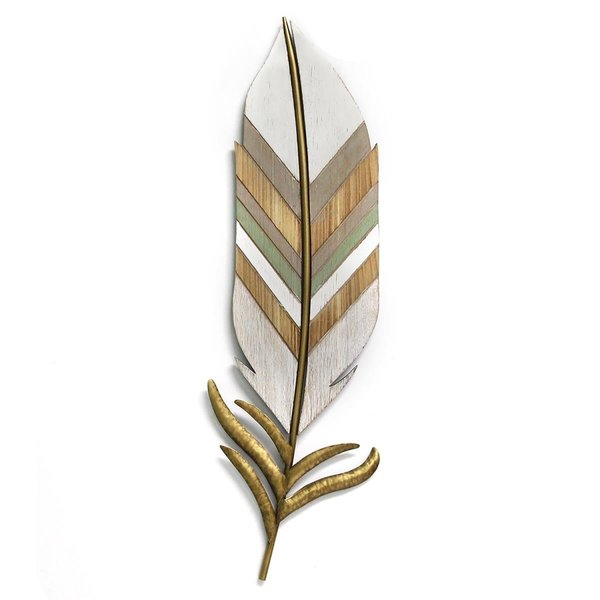 Kd Estanteria Boho Wall Feather, White, Gold, Green & Natural Wood KD2627103